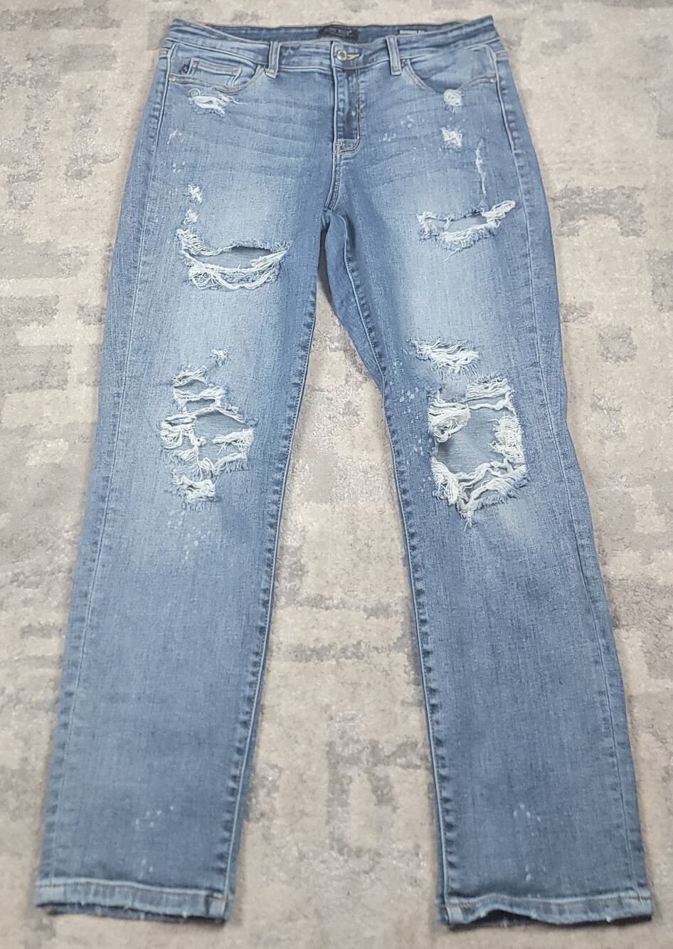 Judy Blue Boyfriend Fit Stretch Women's Distressed Blue Denim Jeans Sz 13 34x29